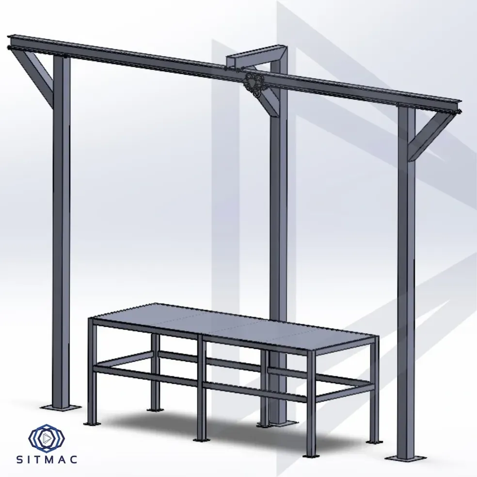 Diseño en CAD de pórtico con monorriel y mesa de trabajo